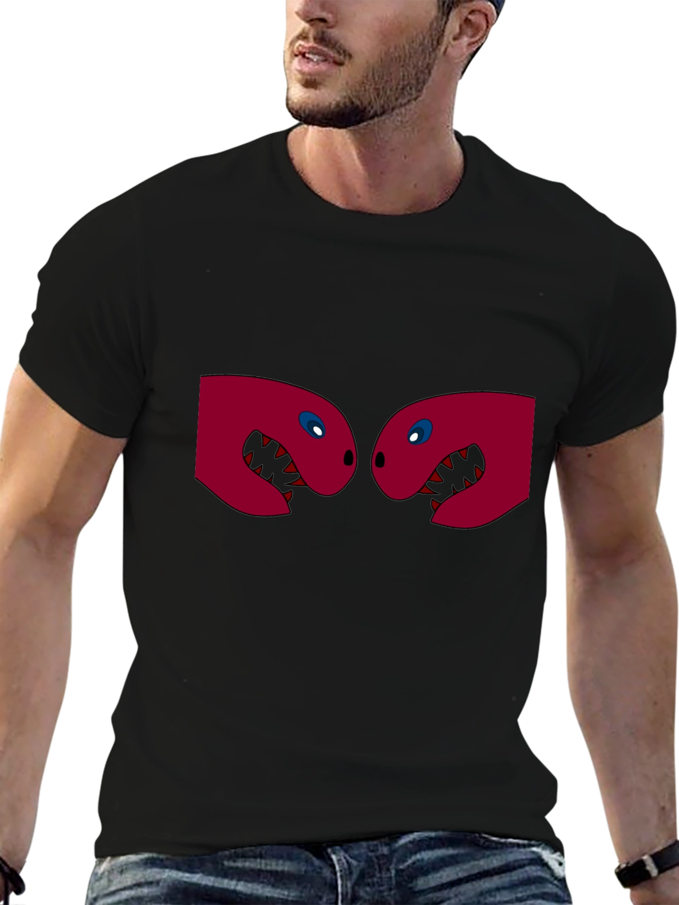 Black T-Shirt with Two Red Monster Heads Graphic