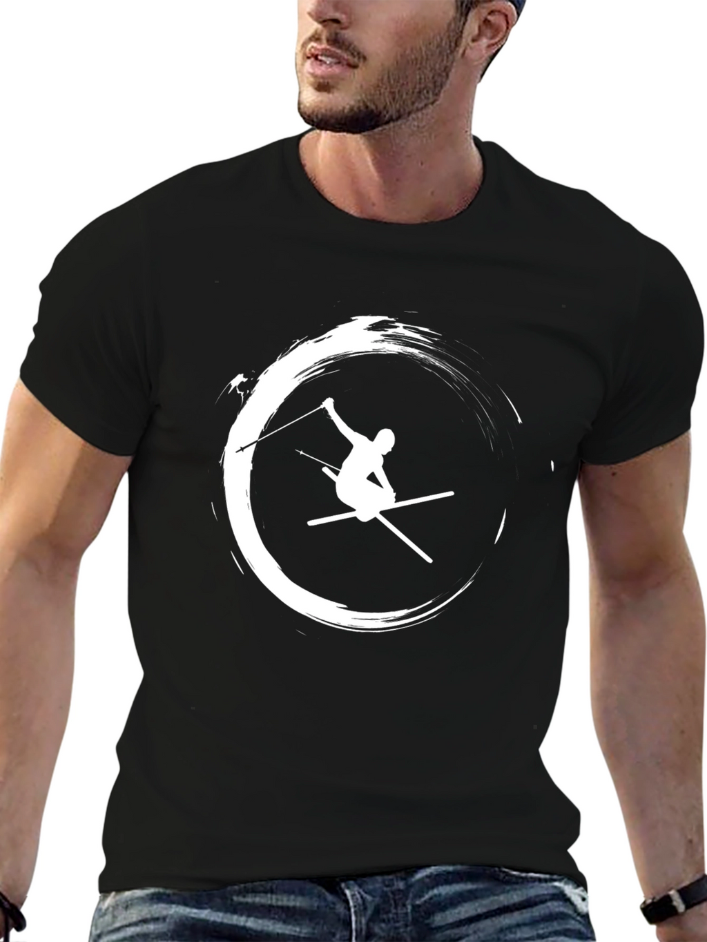 Stylish Skier Graphic T-Shirt - Black