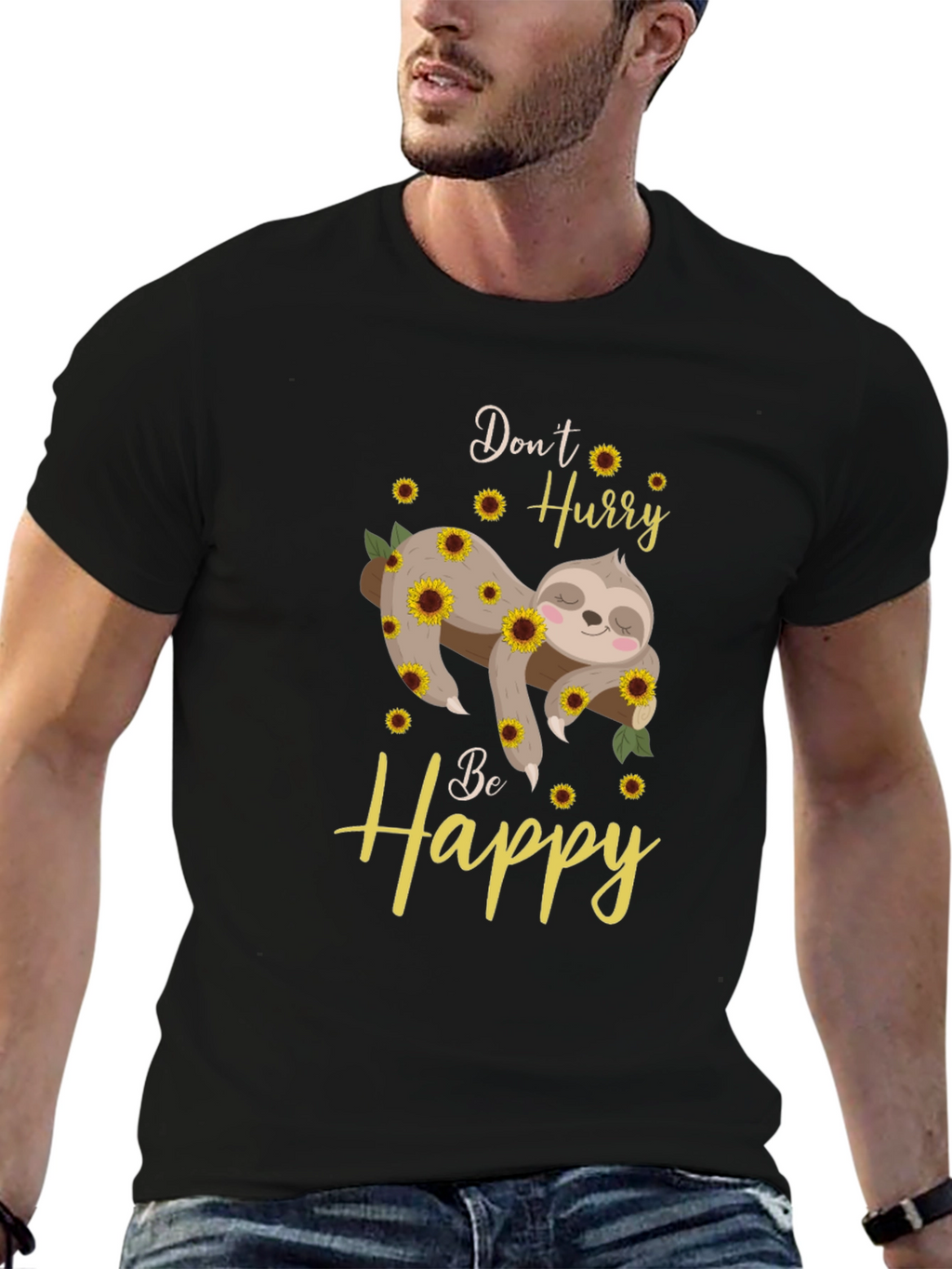 Dont Hurry Be Happy Sloth Sunflower Graphic T-Shirt