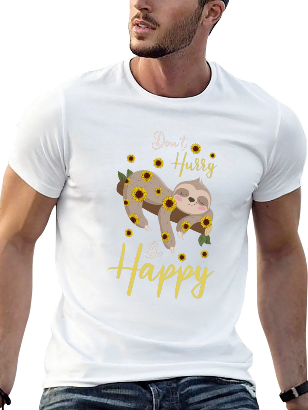 Dont Hurry Be Happy Sloth Sunflower Graphic T-Shirt
