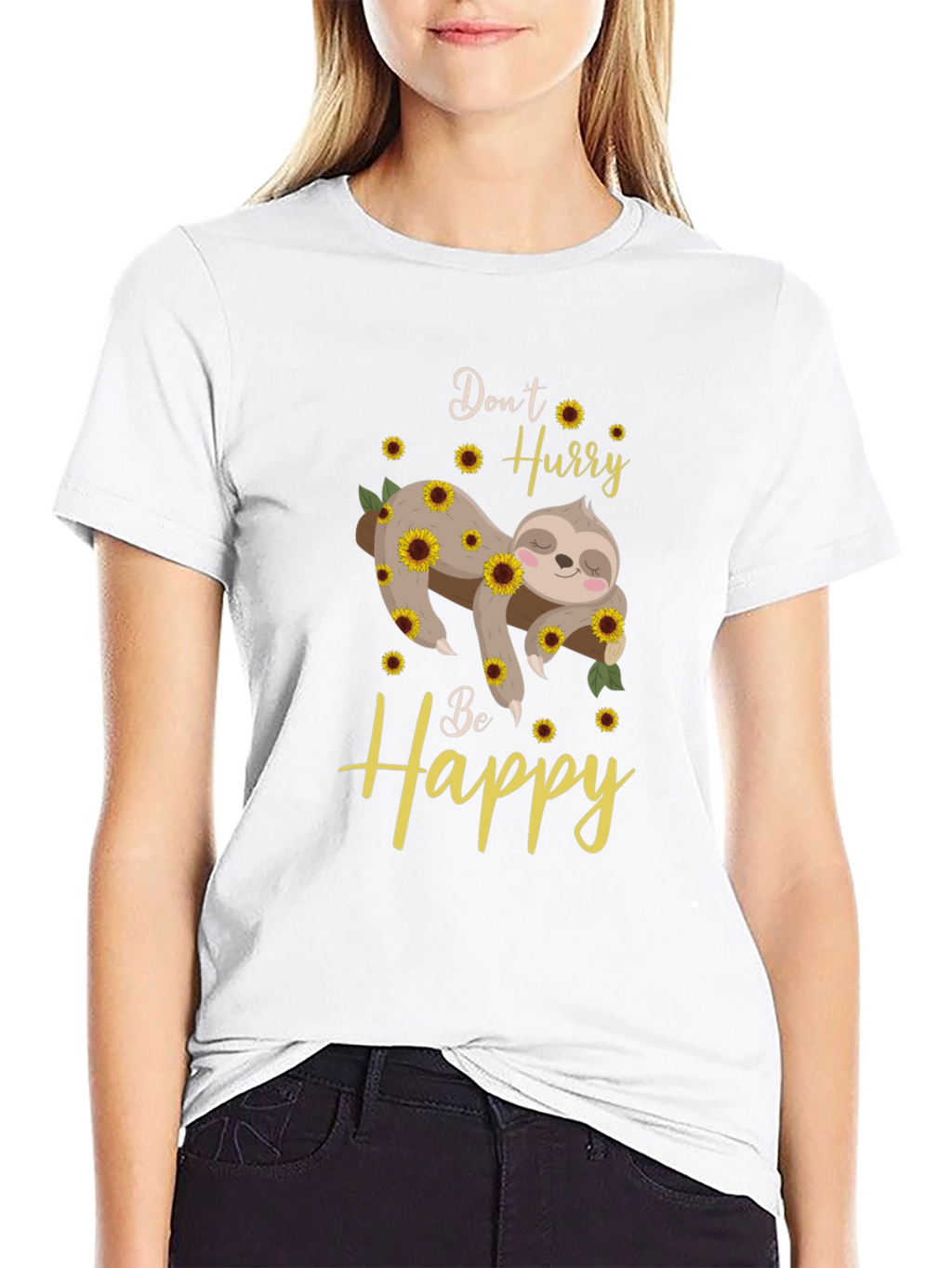 Dont Hurry Be Happy Sloth Sunflower Graphic T-Shirt