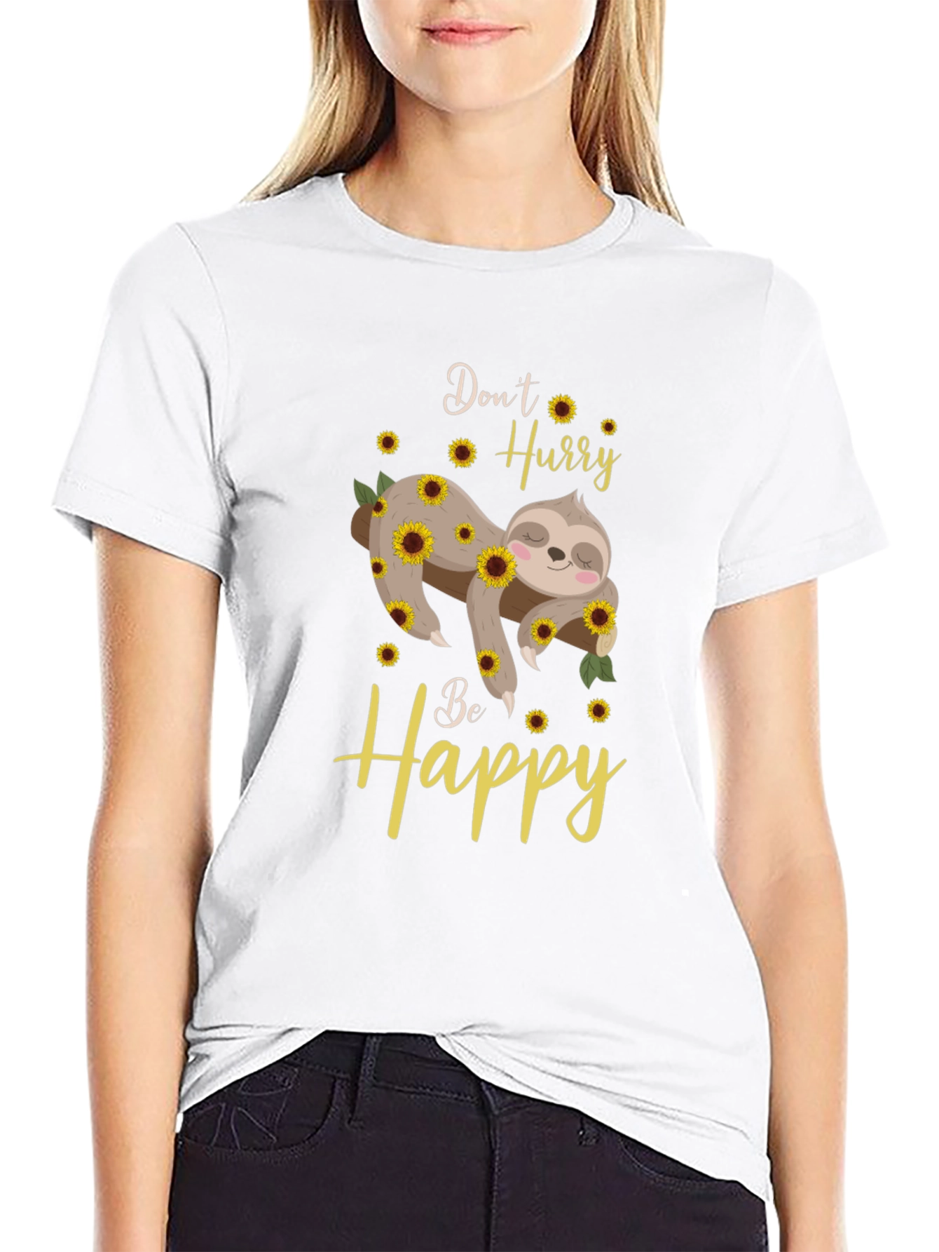 Dont Hurry Be Happy Sloth Sunflower Graphic T-Shirt