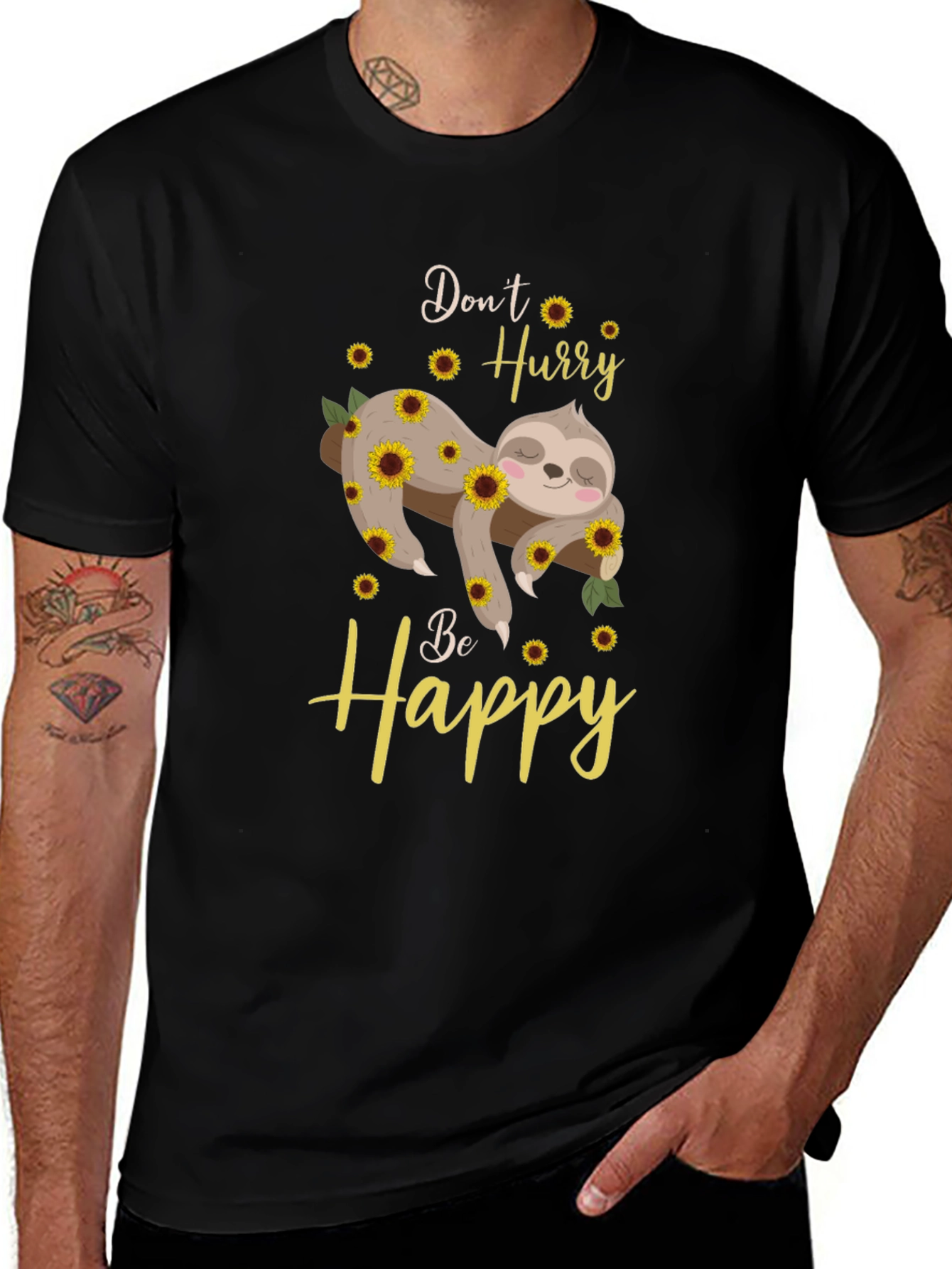 Dont Hurry Be Happy Sloth Sunflower Graphic T-Shirt