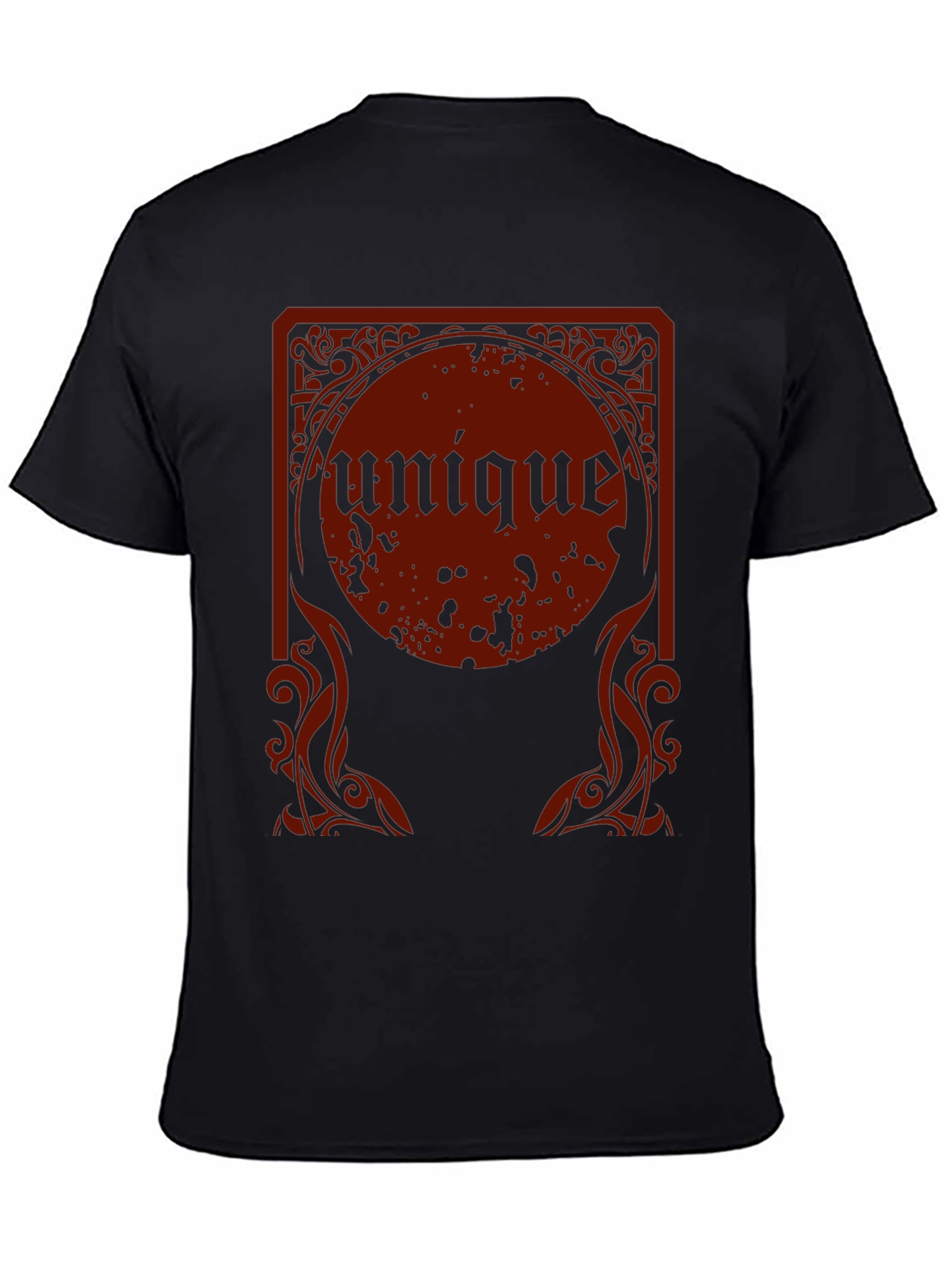Unique Graphic Tee - Dark Red Print on Black