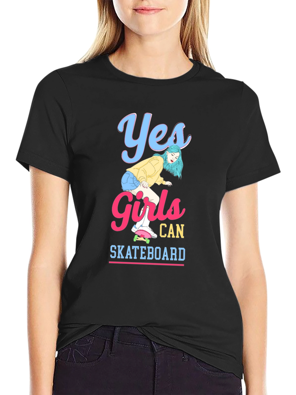 Yes Girls Can Skateboard Black Graphic T-Shirt