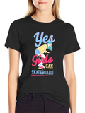 Yes Girls Can Skateboard Black Graphic T-Shirt