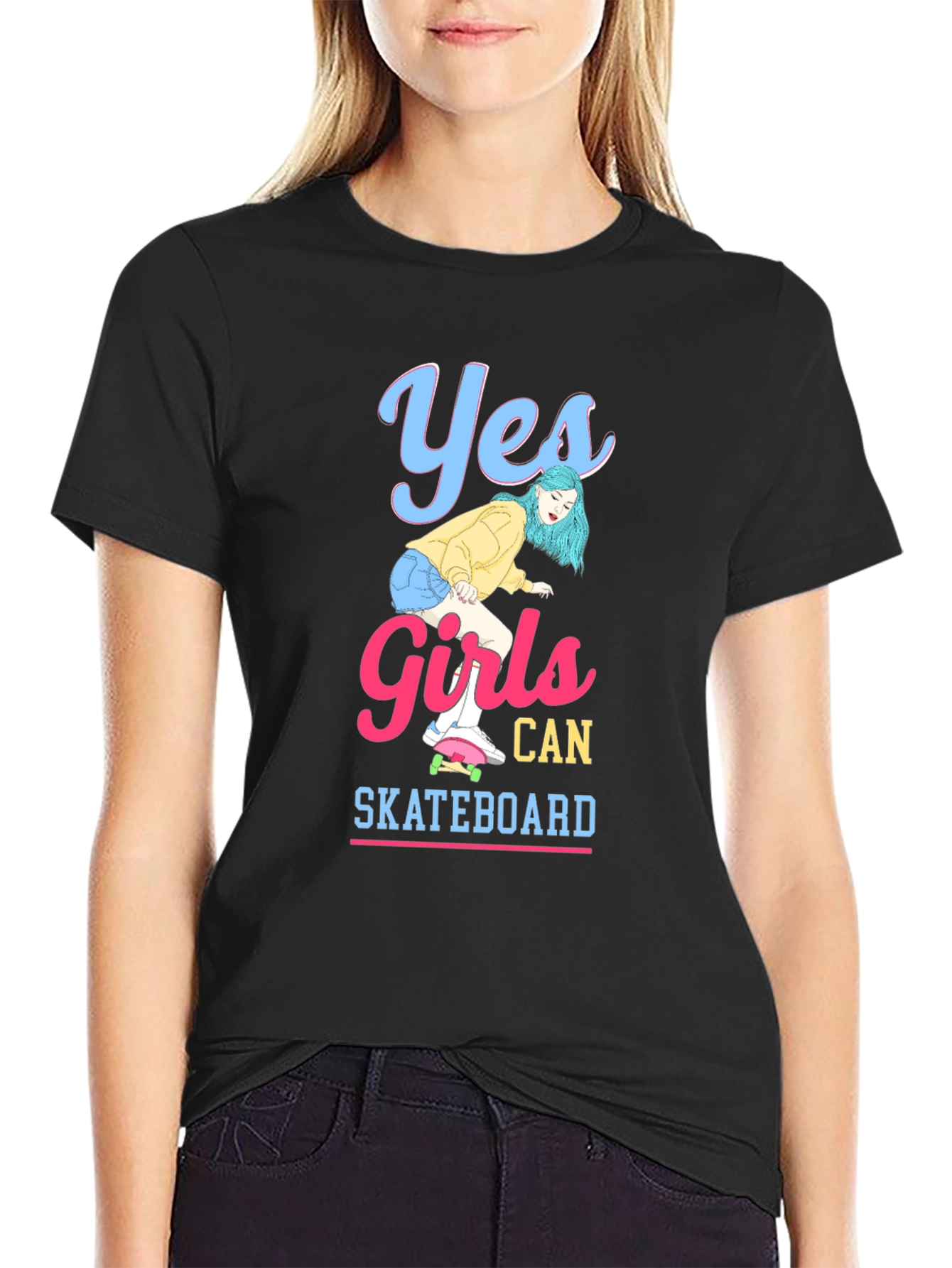 Yes Girls Can Skateboard Black Graphic T-Shirt