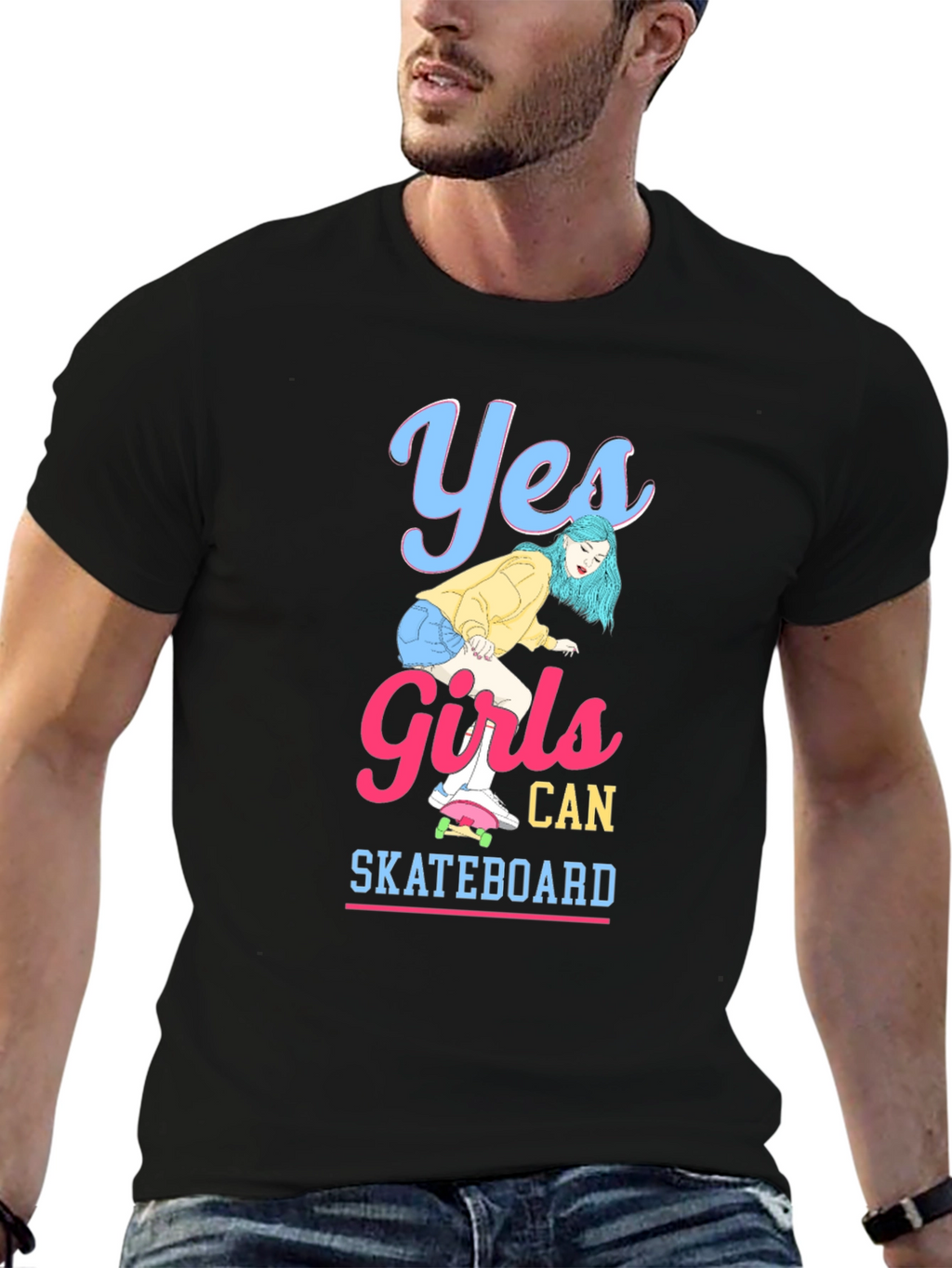 Yes Girls Can Skateboard Black Graphic T-Shirt