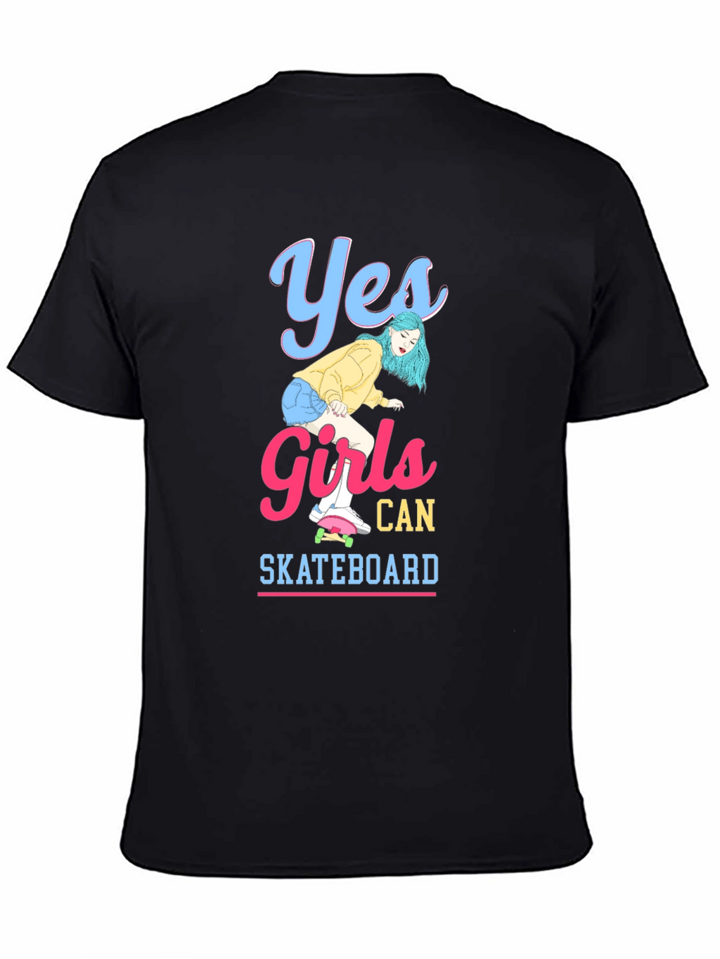 Yes Girls Can Skateboard Black Graphic T-Shirt