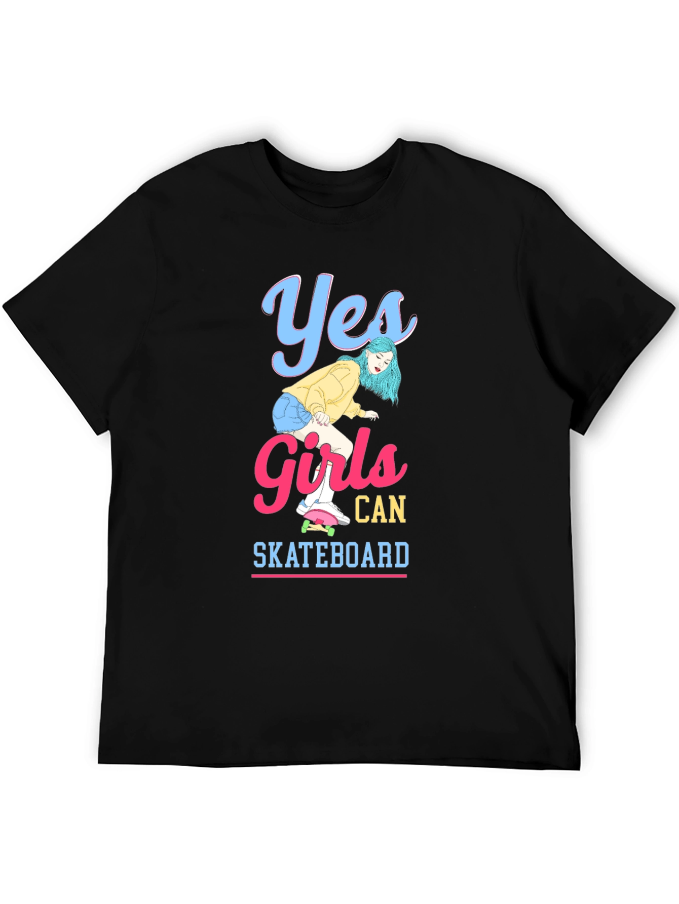 Yes Girls Can Skateboard Black Graphic T-Shirt