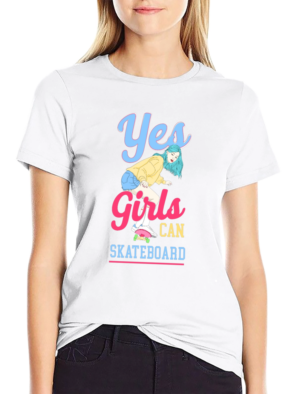 Yes Girls Can Skateboard Black Graphic T-Shirt