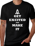 Get Excited Rocket Graphic Tee - Inspiring Black T-Shirt