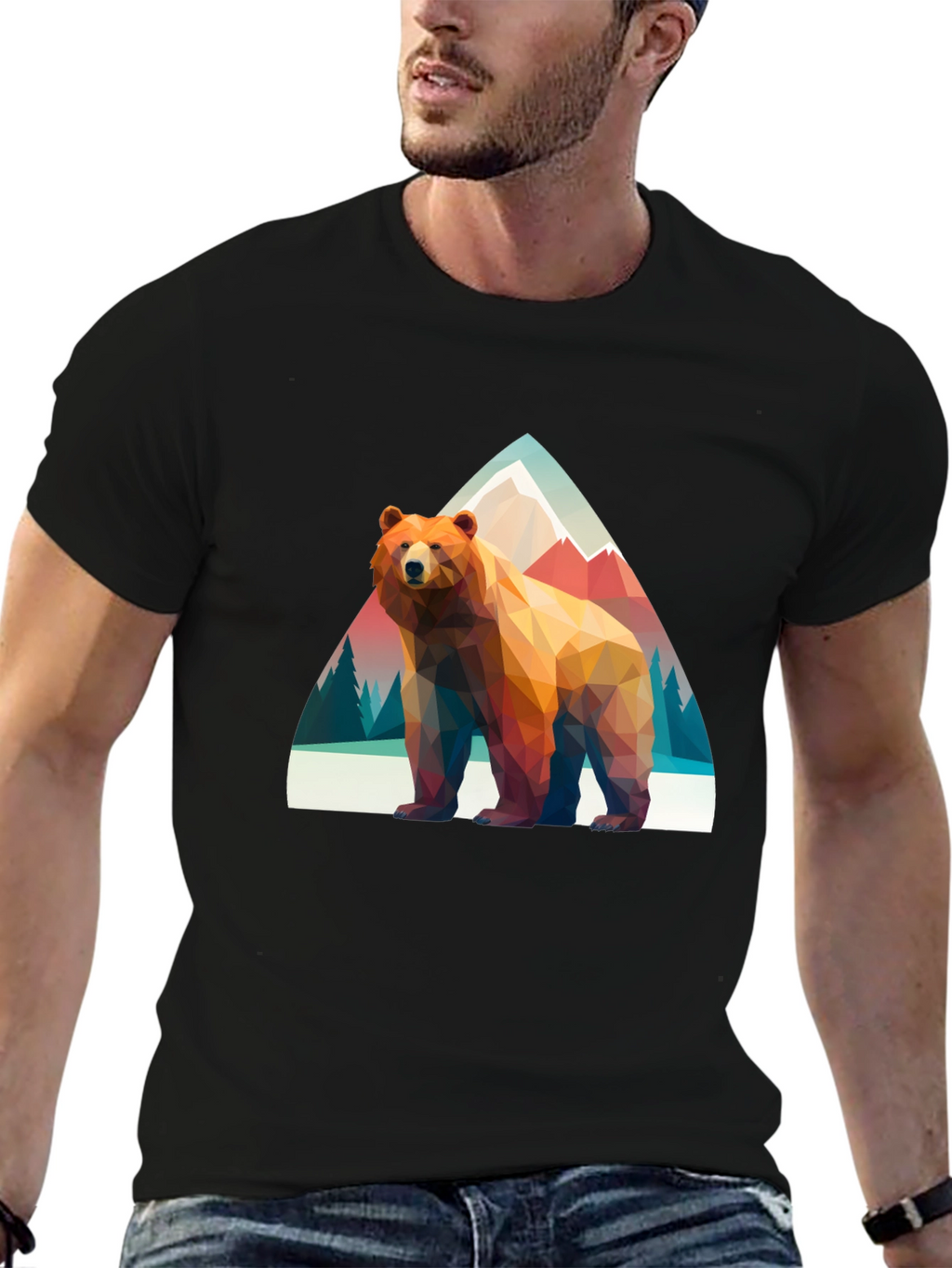Geometric Bear T-Shirt - Mountain Scene Graphic Tee