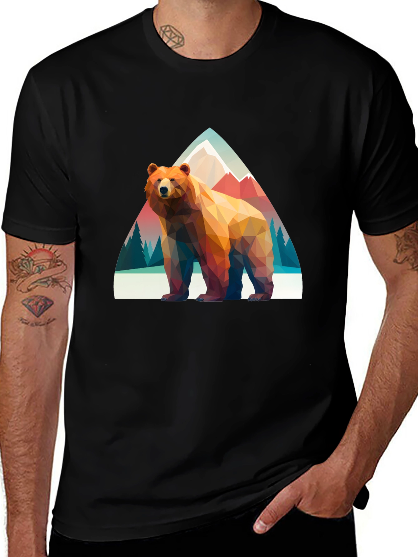 Geometric Bear T-Shirt - Mountain Scene Graphic Tee