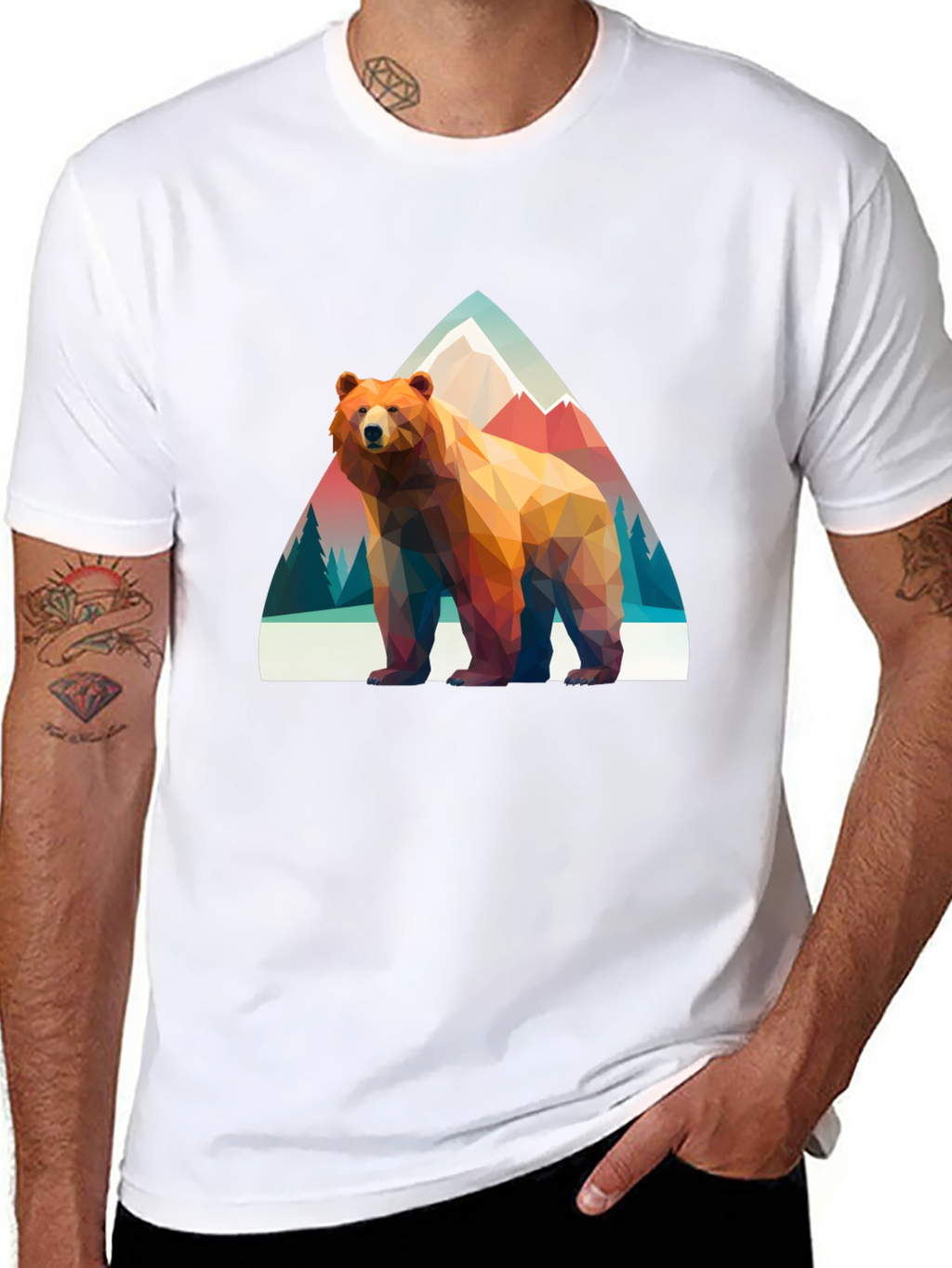Geometric Bear T-Shirt - Mountain Scene Graphic Tee