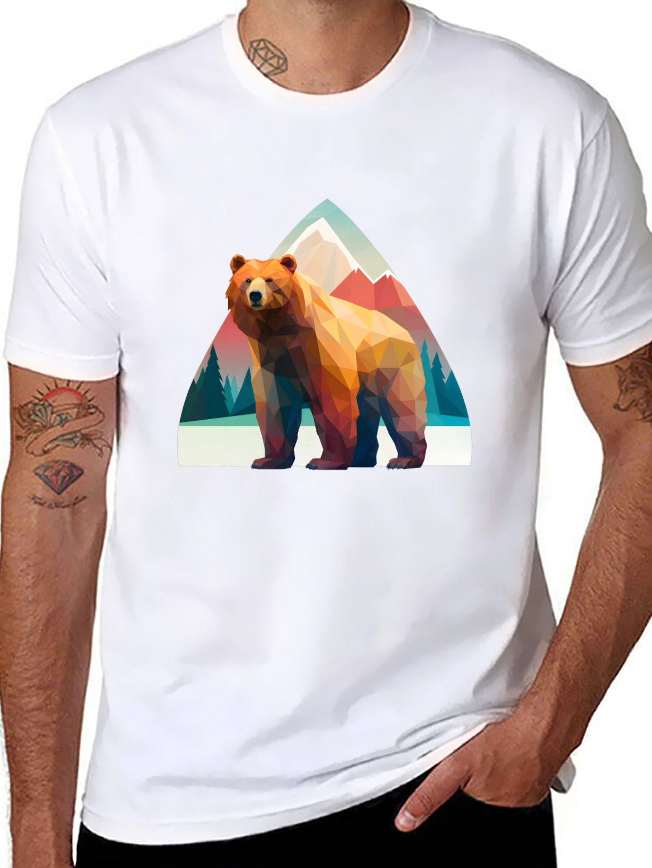 Geometric Bear T-Shirt - Mountain Scene Graphic Tee