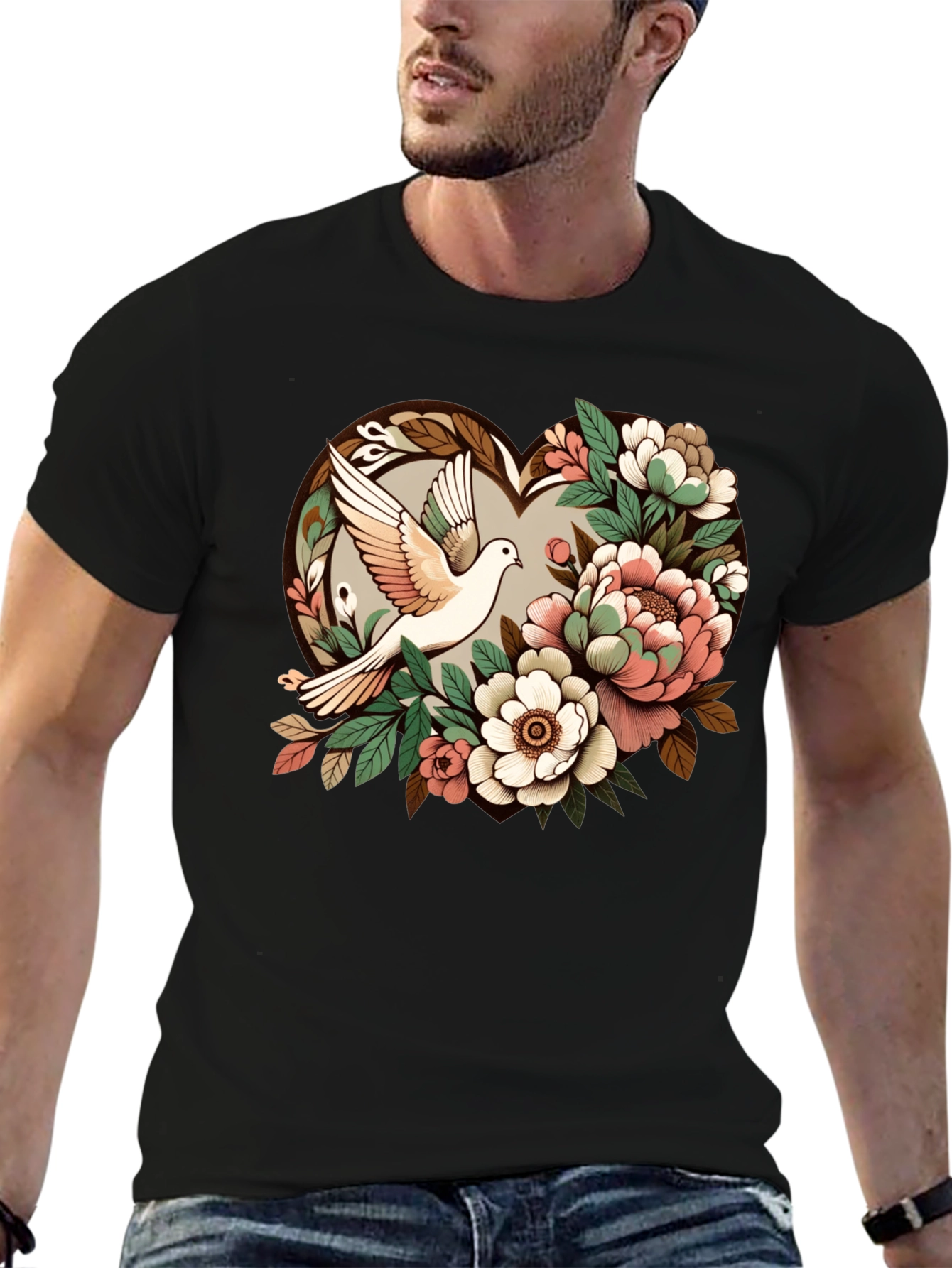 Dove & Floral Heart Graphic T-Shirt