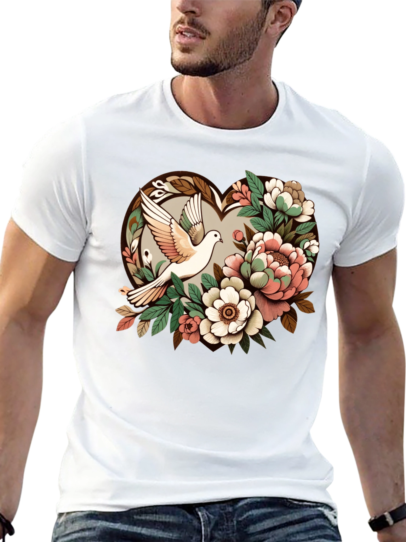 Dove & Floral Heart Graphic T-Shirt