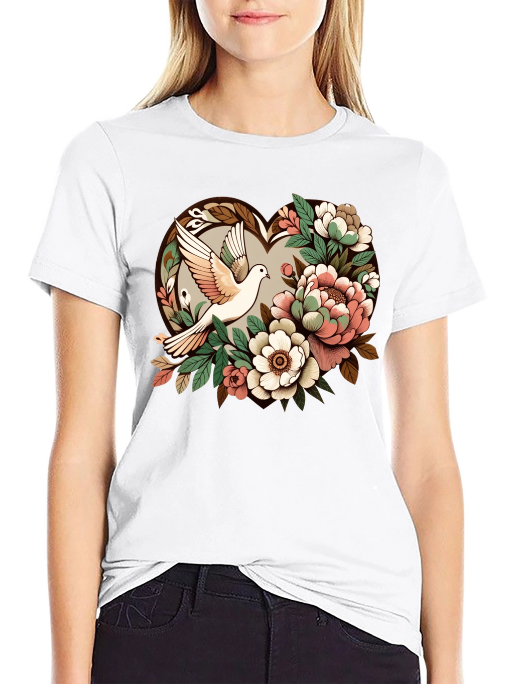 Dove & Floral Heart Graphic T-Shirt