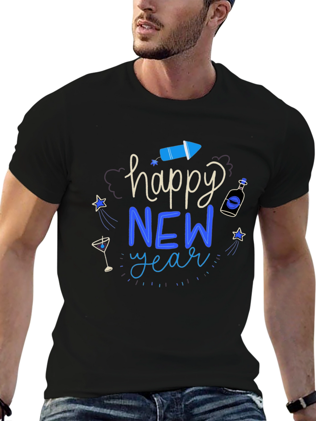 Happy New Year Graphic Tee - Mens Black T-Shirt
