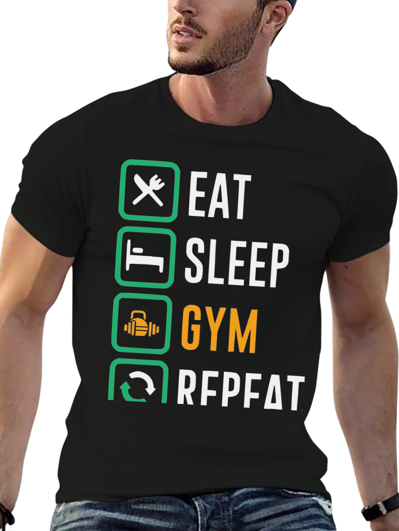 Eat Sleep Gym Repeat Black Graphic Tee