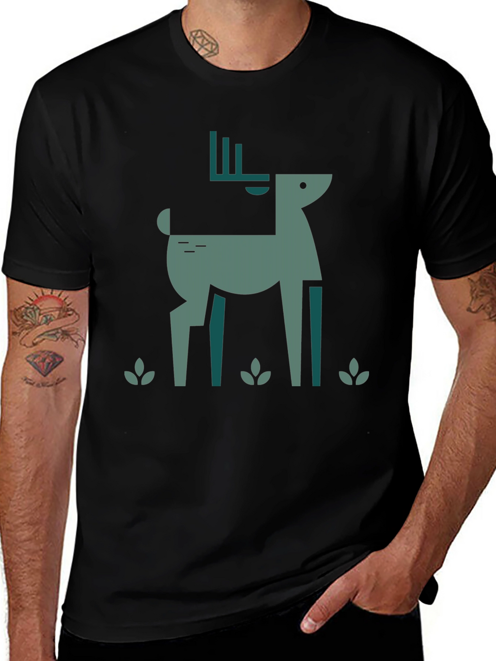 Geometric Deer Graphic Black T-Shirt