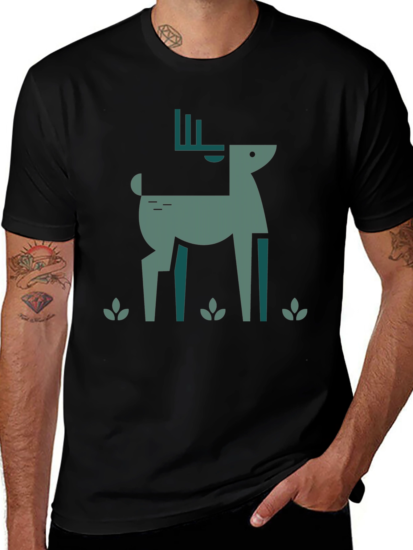 Geometric Deer Graphic Black T-Shirt