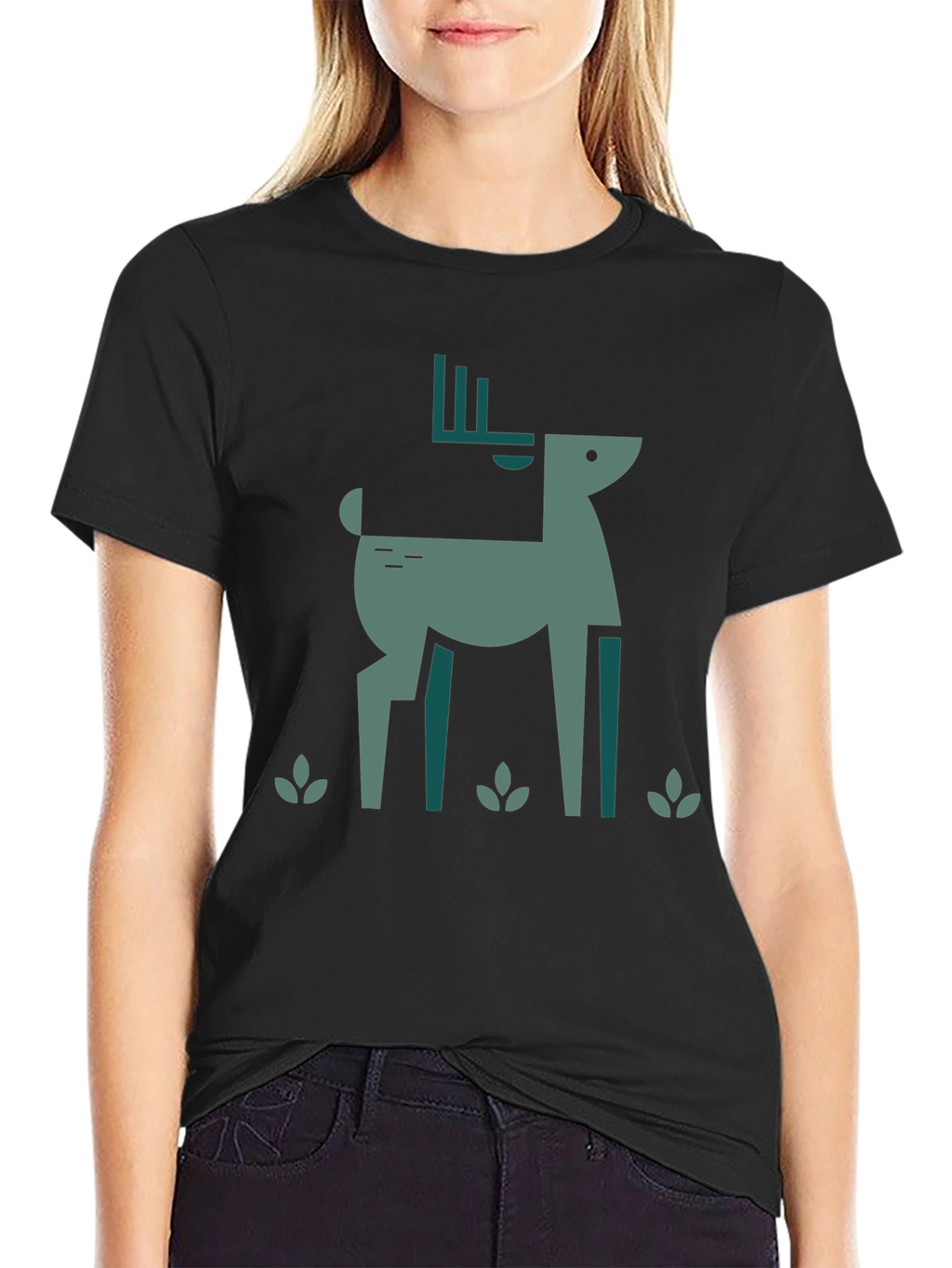 Geometric Deer Graphic Black T-Shirt