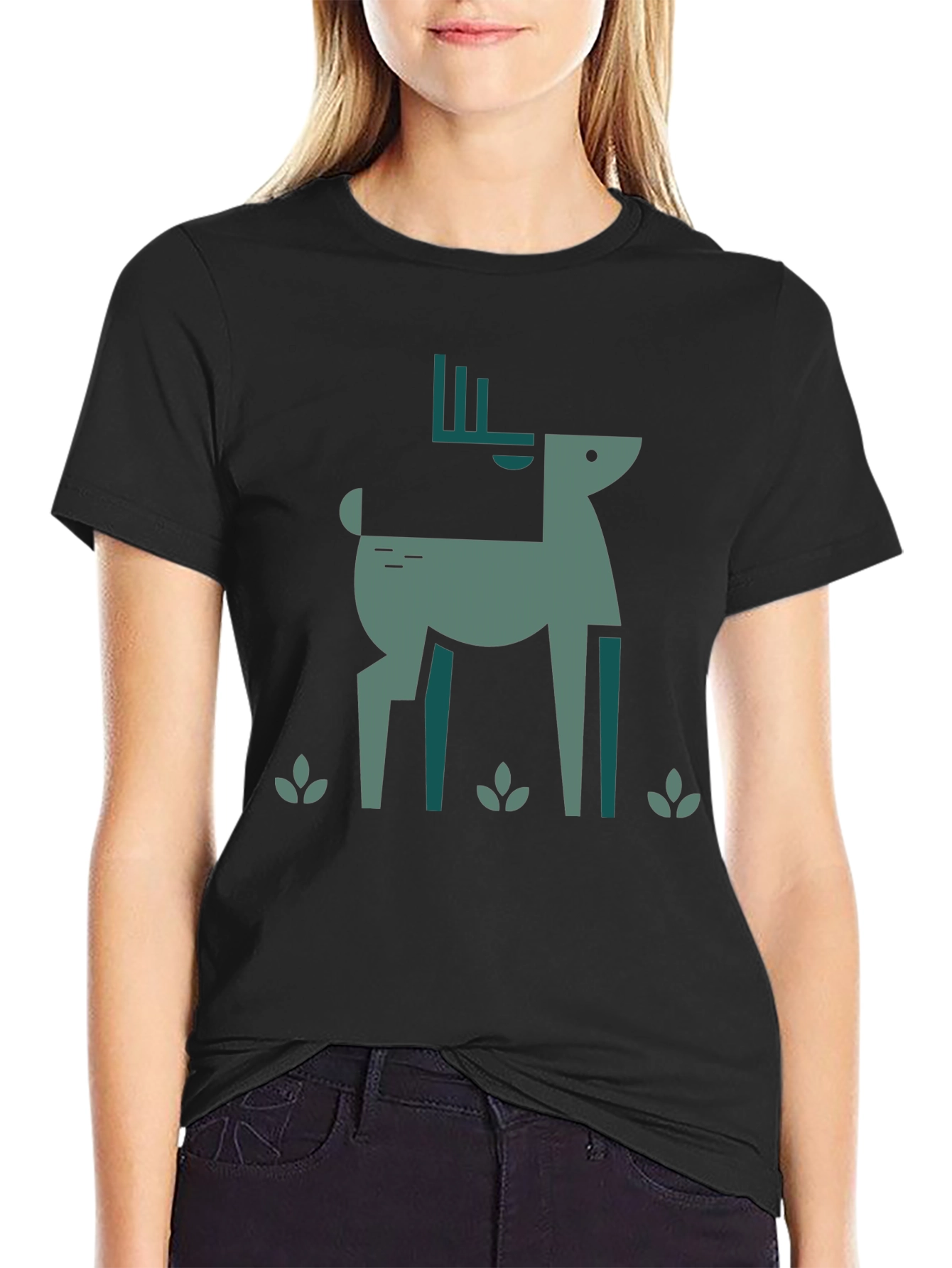 Geometric Deer Graphic Black T-Shirt