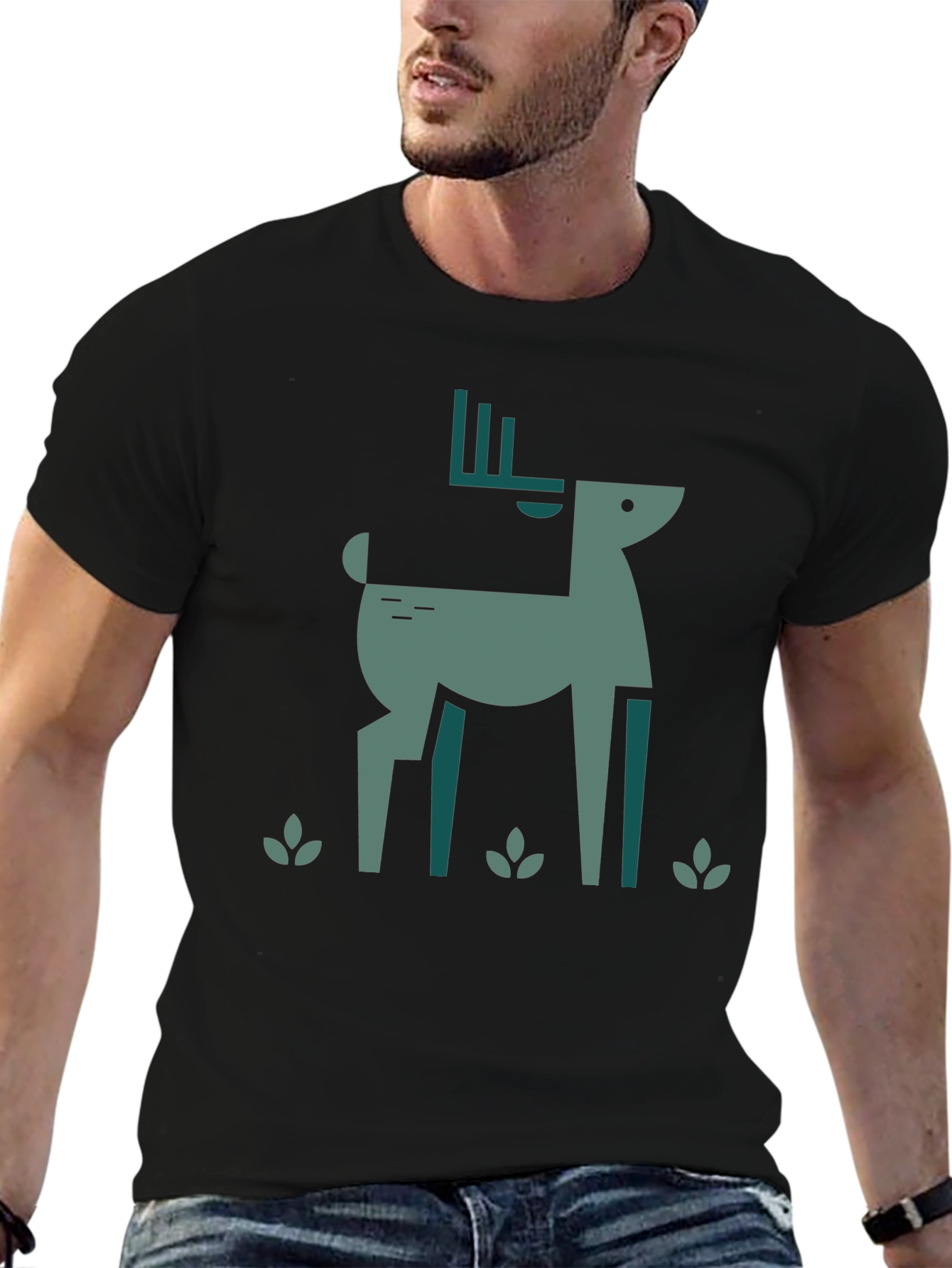 Geometric Deer Graphic Black T-Shirt