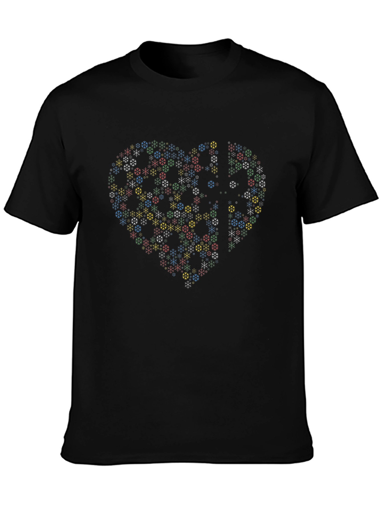 Heart Snowflake Pattern Black T-Shirt