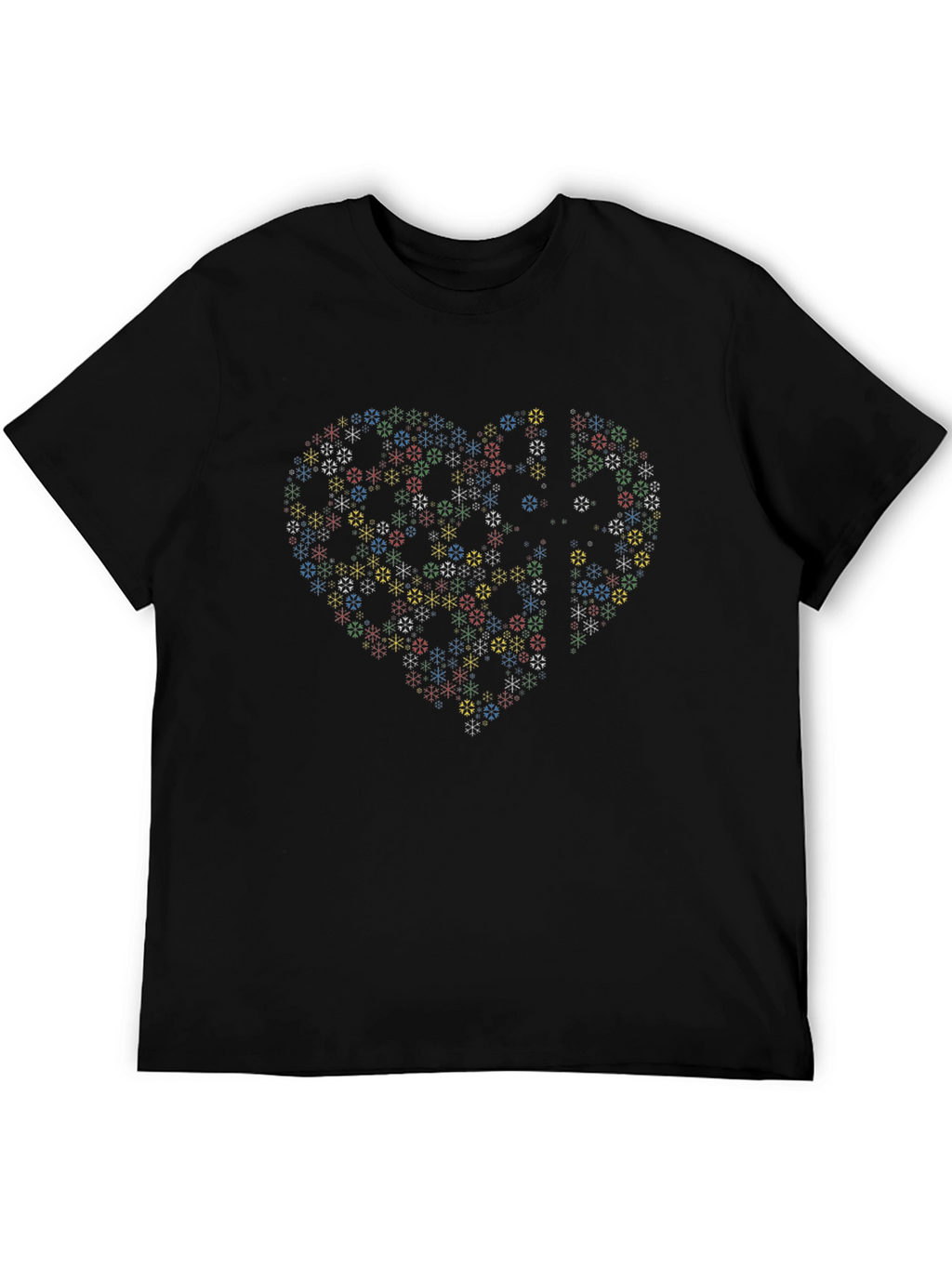 Heart Snowflake Pattern Black T-Shirt
