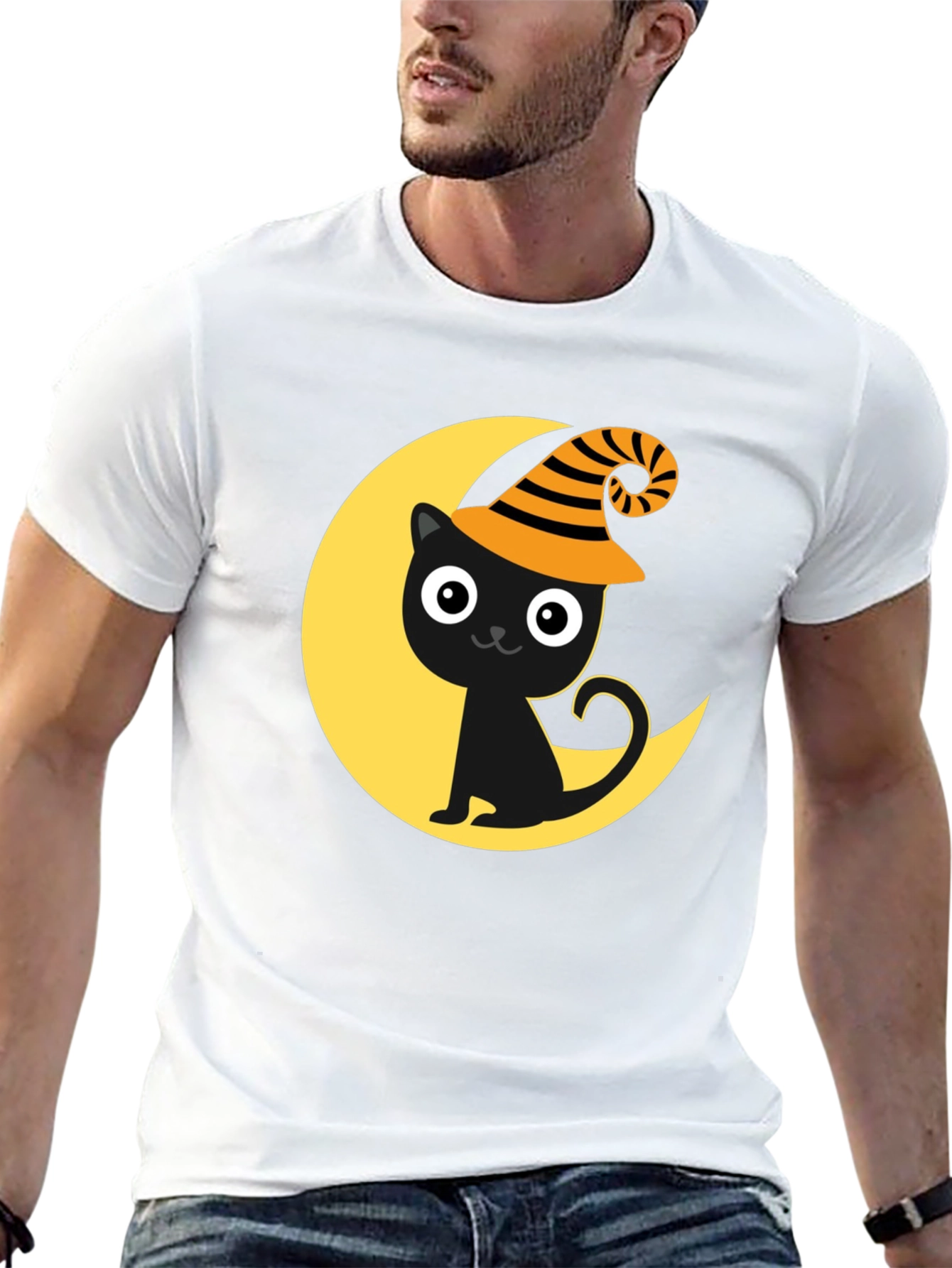 Halloween Cat Moon Graphic Tee - Spooky Season Shirt