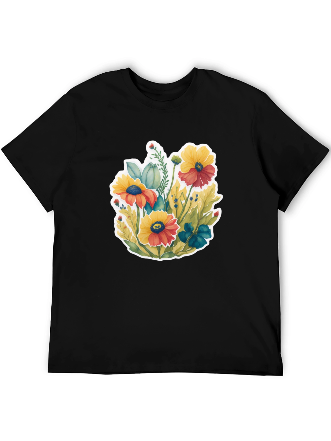 Floral Graphic Tee - Black Cotton Blend T-Shirt