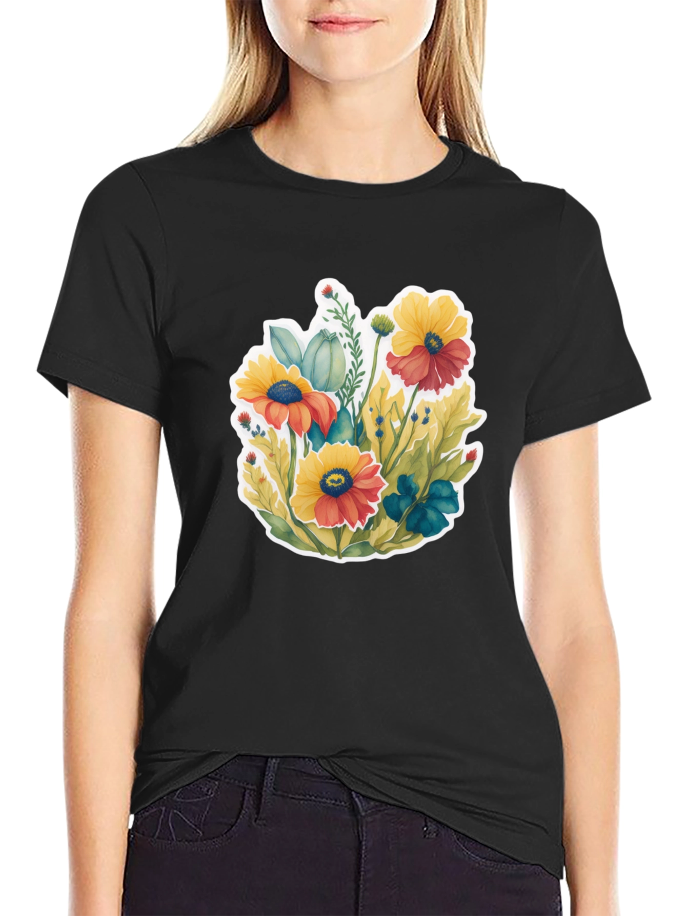 Floral Graphic Tee - Black Cotton Blend T-Shirt