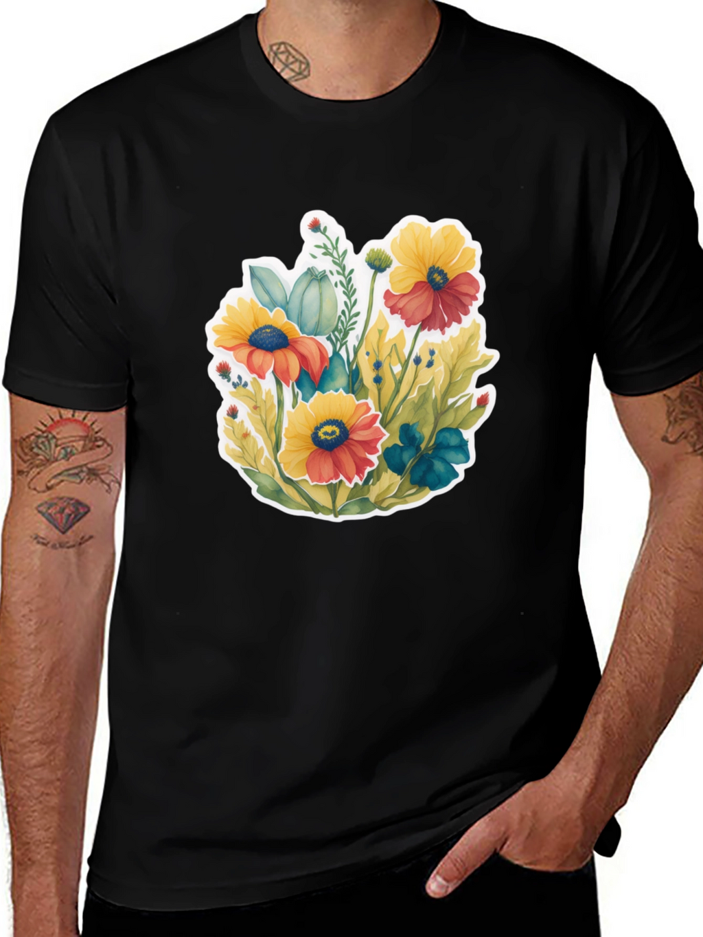 Floral Graphic Tee - Black Cotton Blend T-Shirt