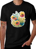 Floral Graphic Tee - Black Cotton Blend T-Shirt