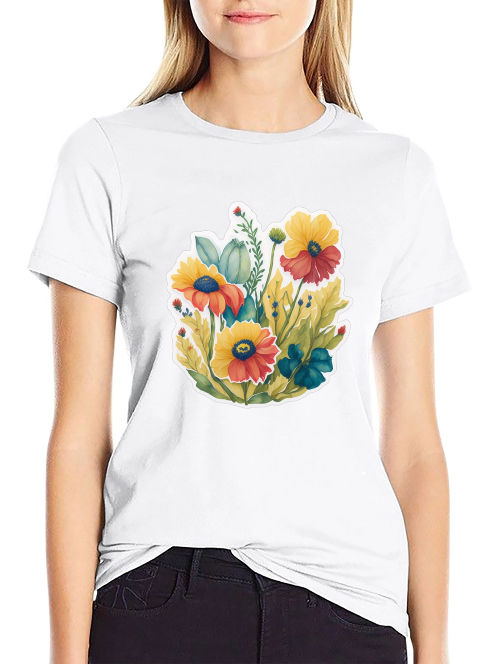 Floral Graphic Tee - Black Cotton Blend T-Shirt
