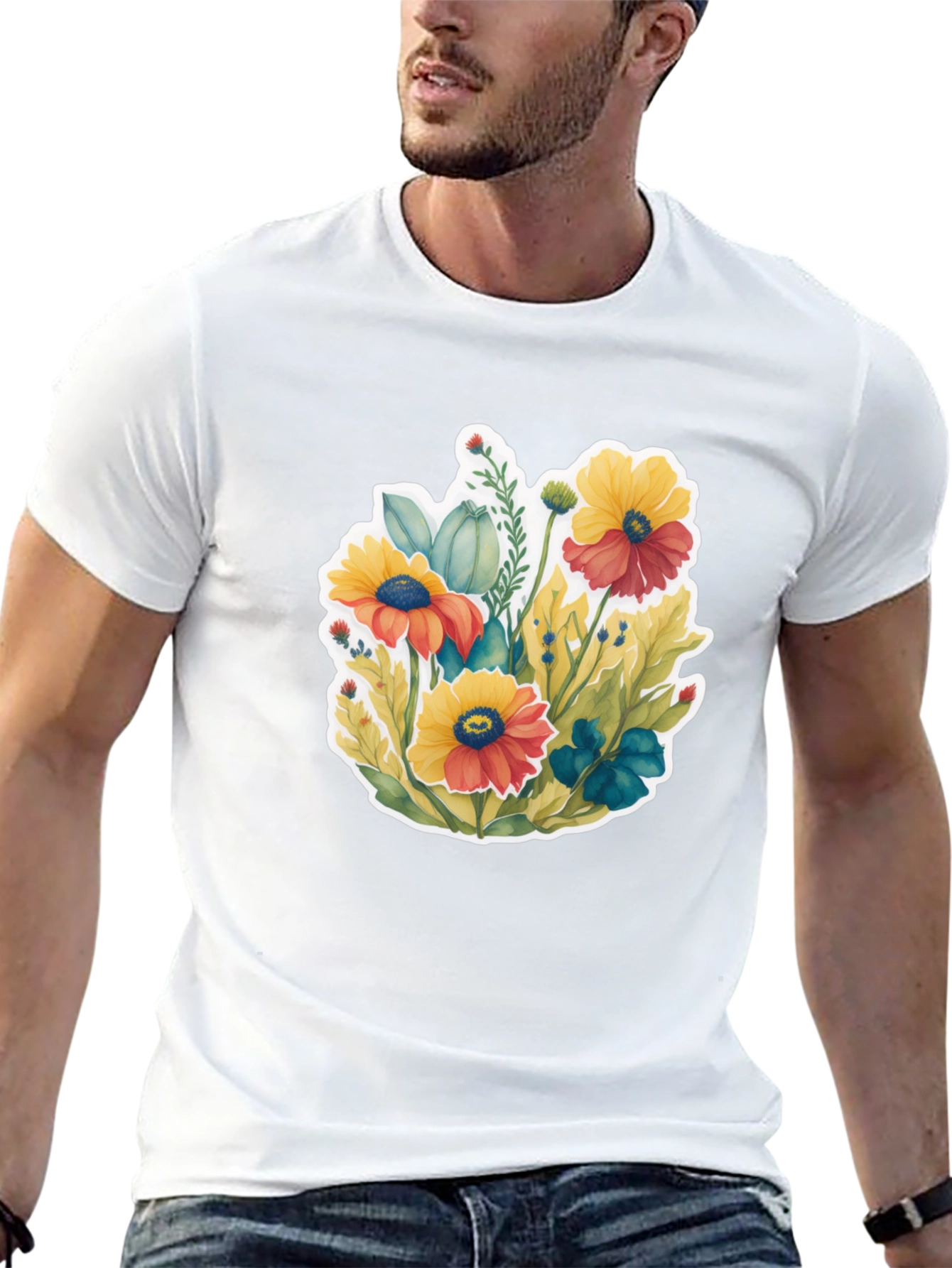 Floral Graphic Tee - Black Cotton Blend T-Shirt