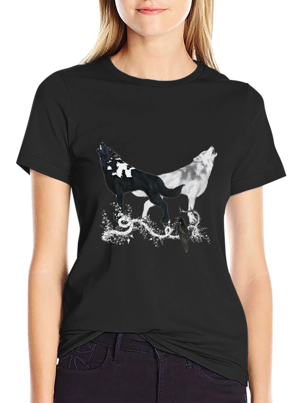 Yin Yang Wolves & Raven Black T-Shirt