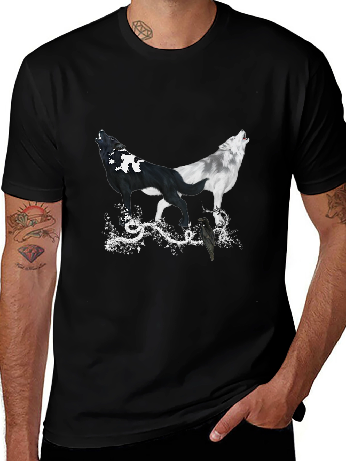 Yin Yang Wolves & Raven Black T-Shirt