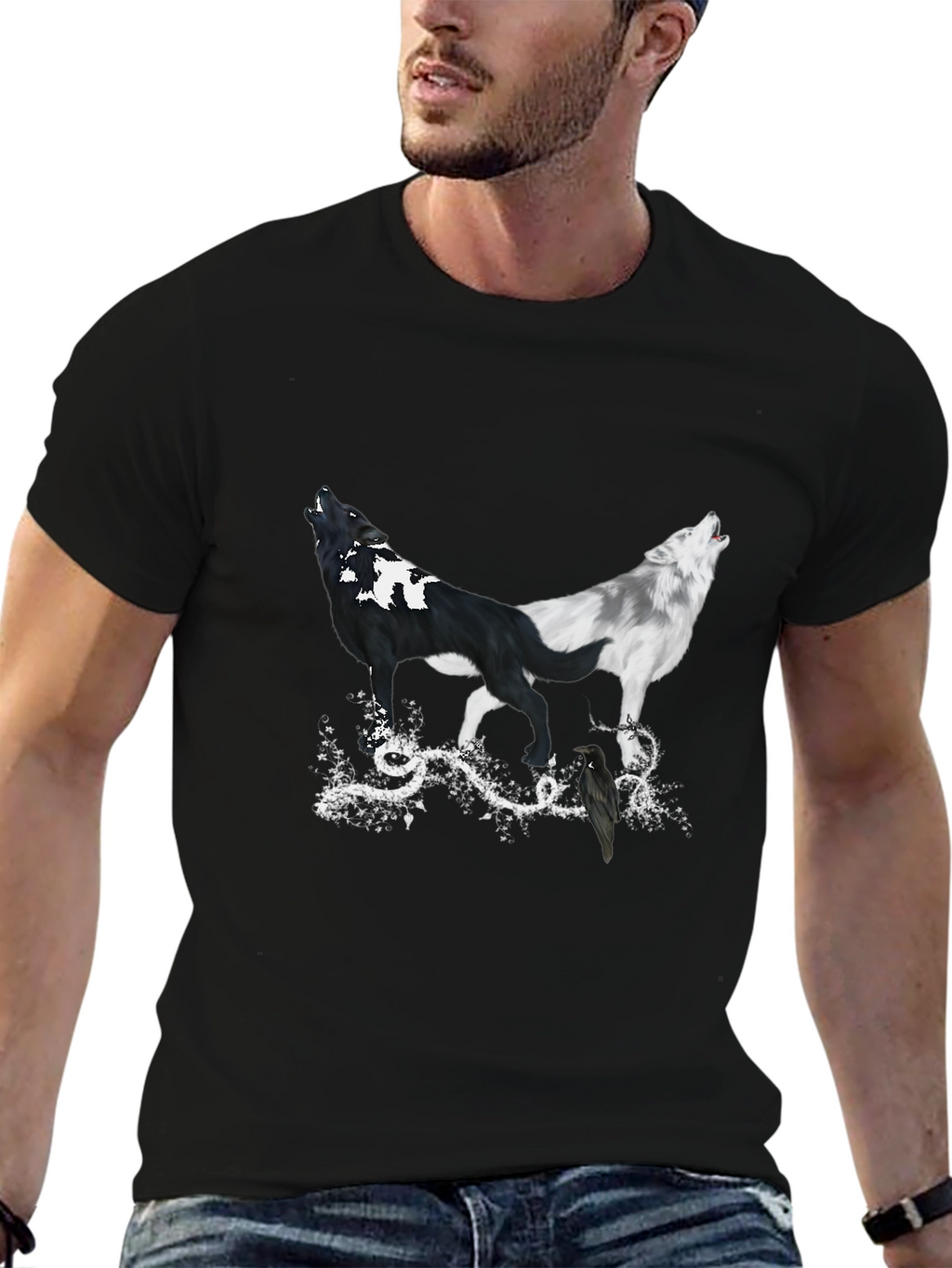 Yin Yang Wolves & Raven Black T-Shirt