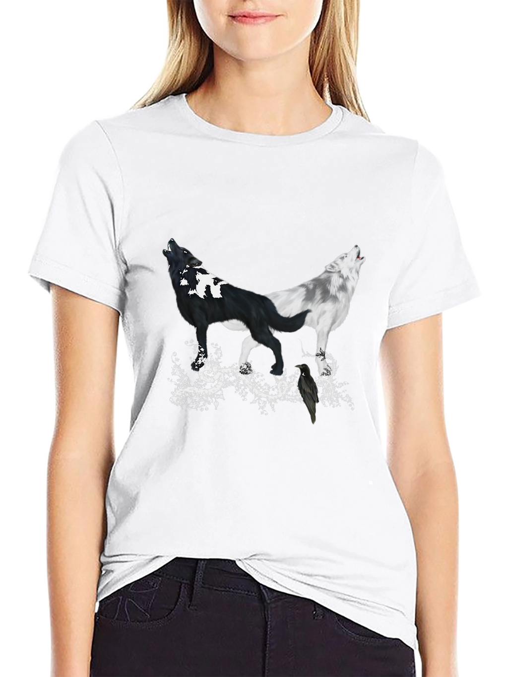 Yin Yang Wolves & Raven Black T-Shirt