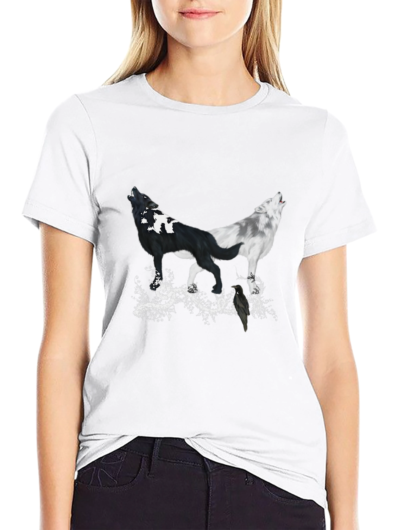 Yin Yang Wolves & Raven Black T-Shirt