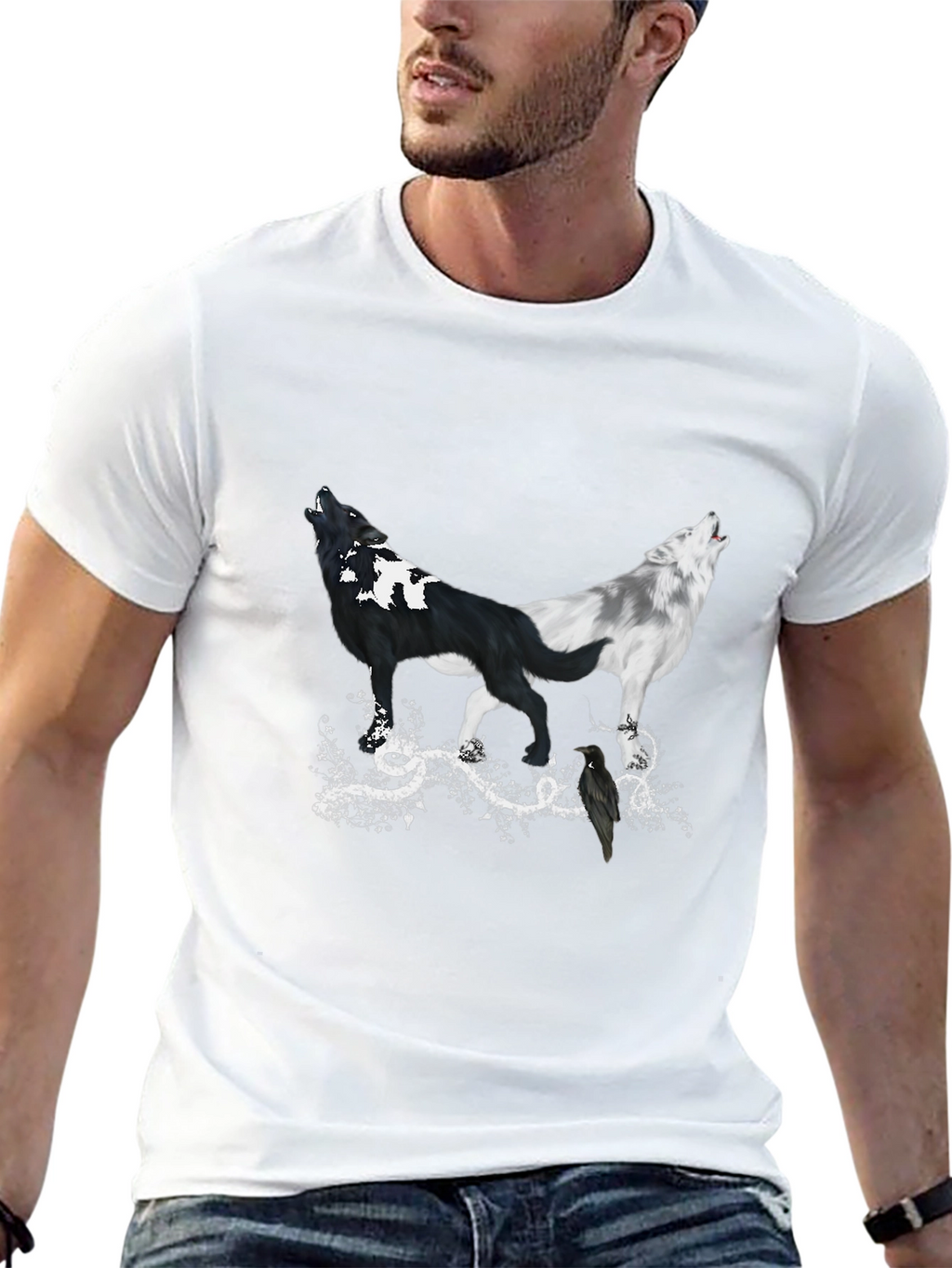 Yin Yang Wolves & Raven Black T-Shirt