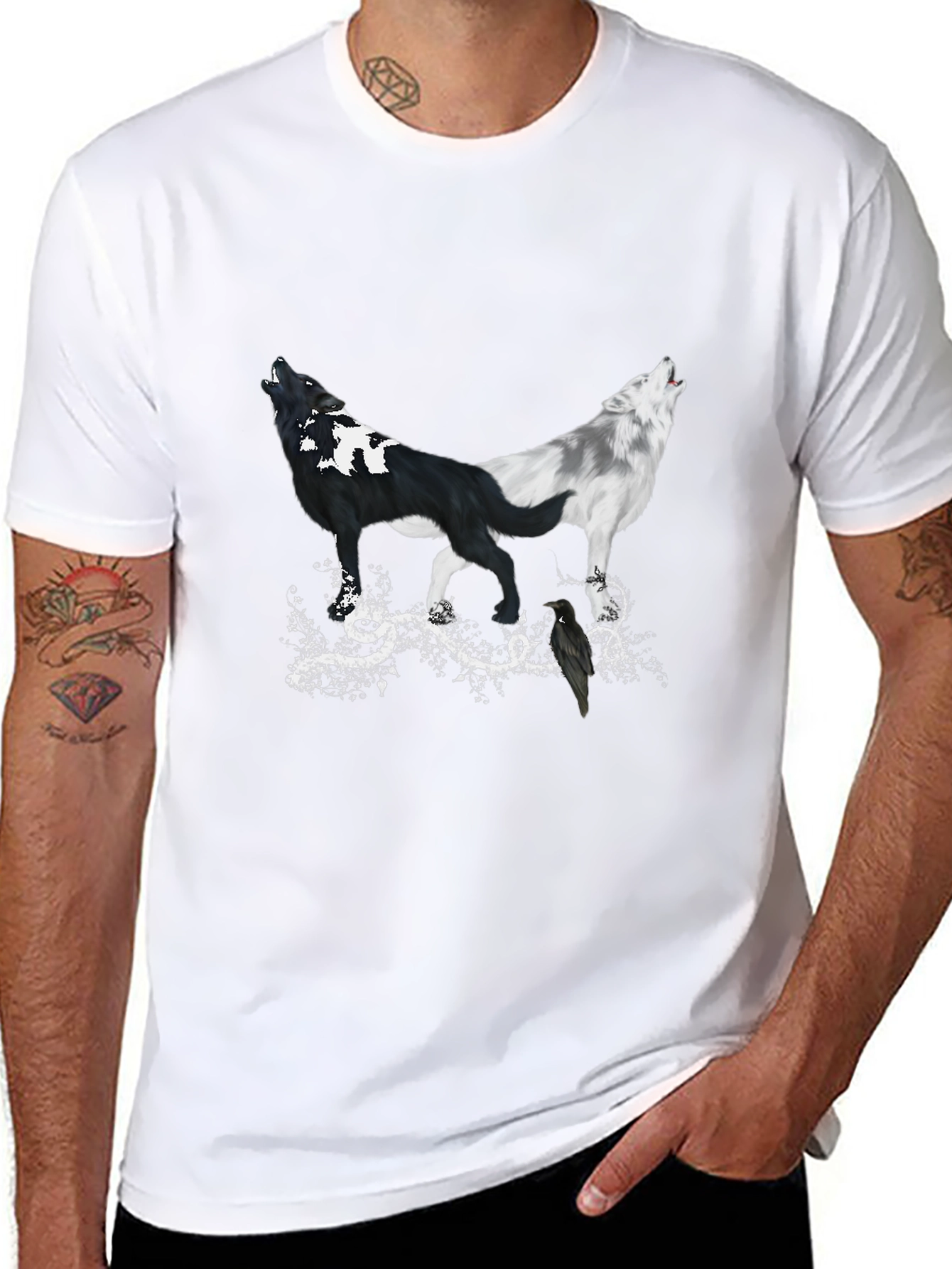 Yin Yang Wolves & Raven Black T-Shirt