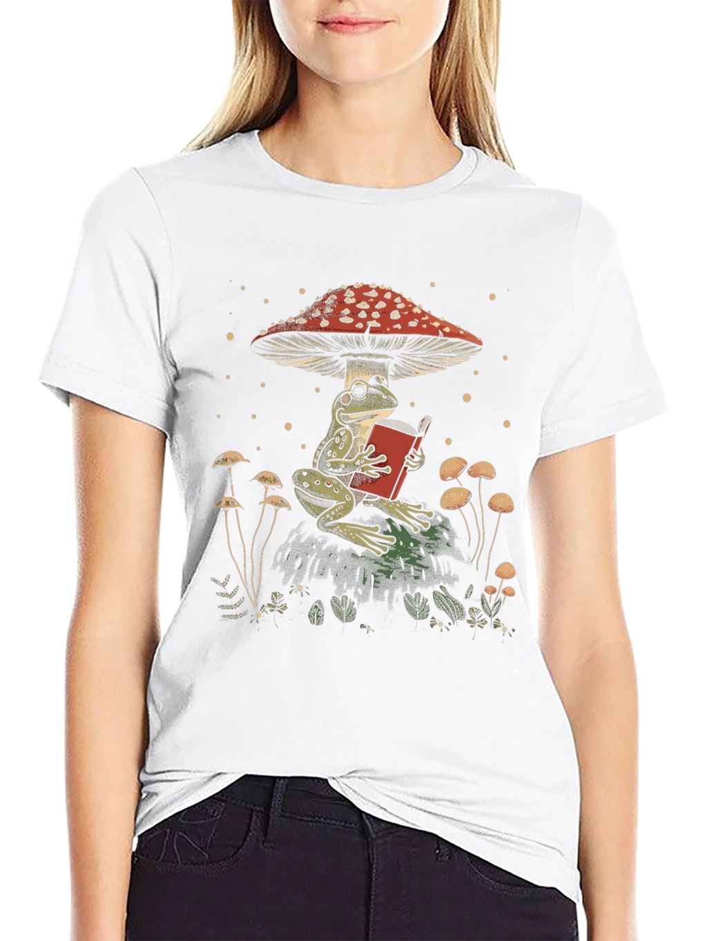 Frog Reading Under Mushroom Graphic Tee