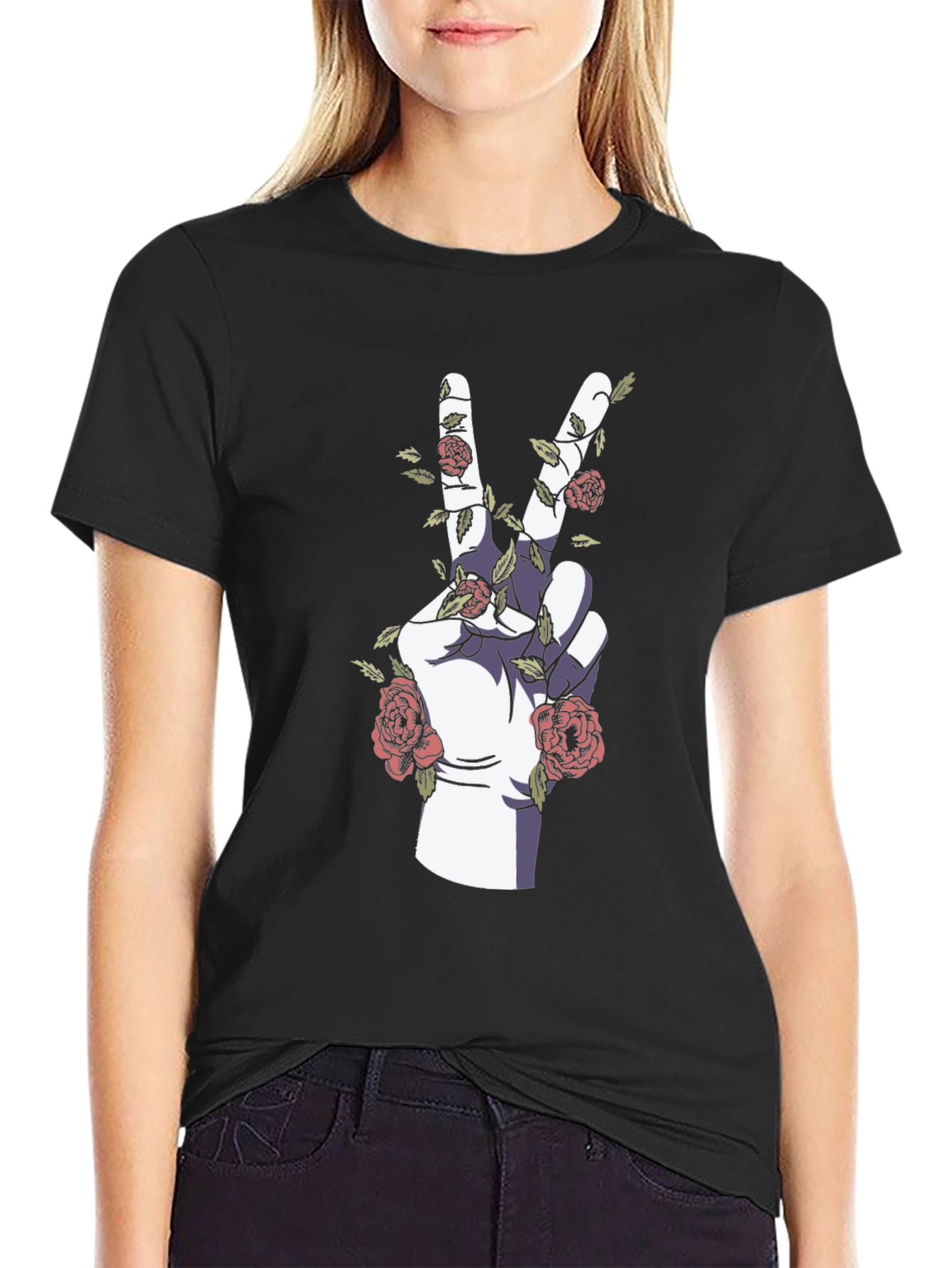 Peace Hand Rose Graphic T-Shirt