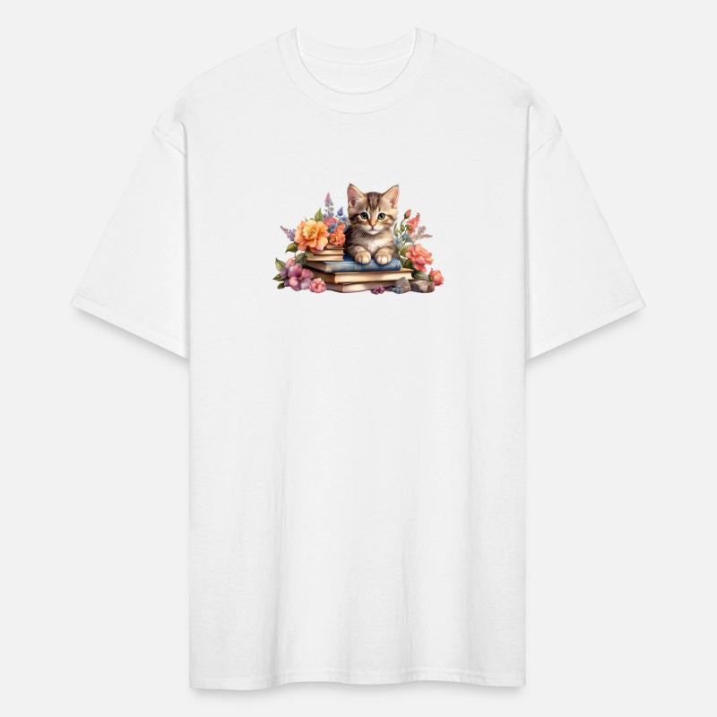 Kitten with a stack of books.