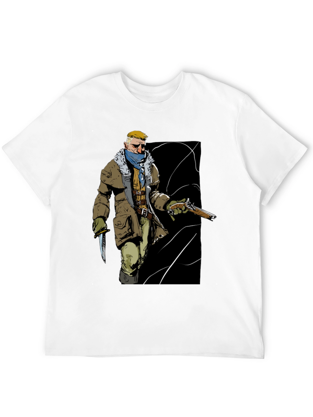 Graphic Tee: Adventurer with Gun & Knife Black T-Shirt